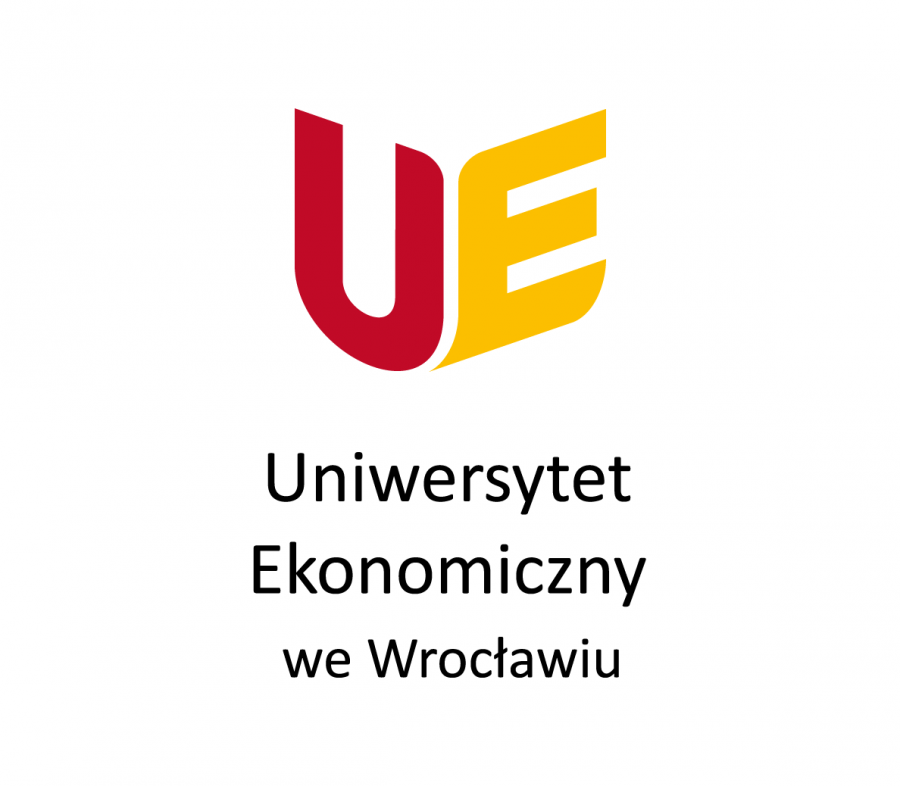 Logotyp Uniwersytetu Ekonomicznego we Wrocławiu z czerwono-ż&oacute;łtym symbolem &bdquo;UE&rdquo; i nazwą uczelni.