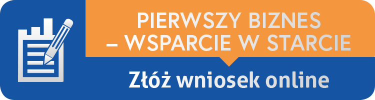 Kafelek programu &bdquo;Pierwszy biznes - Wsparcie w starcie&rdquo; z komunikatem &bdquo;Zł&oacute;ż wniosek online&rdquo;. Po lewej stronie znajduje się ikona dokumentu z oł&oacute;wkiem, symbolizująca wypełnienie formularza.