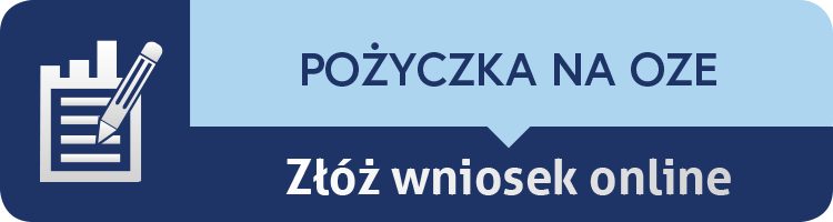 Kafelek z napisem &bdquo;Pożyczka na OZE&rdquo; oraz komunikatem &bdquo;Zł&oacute;ż wniosek online&rdquo;. Po lewej stronie znajduje się ikona dokumentu z oł&oacute;wkiem, symbolizująca wypełnienie formularza.
