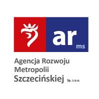 Logotyp Agencji Rozwoju Metropolii Szczecińskiej z czerwono-granatowym znakiem graficznym i pełną nazwą instytucji.