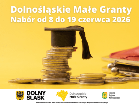 Zólty baner Dolnośląskie Małe Granty z informacją, że nabór trwa od 8 do 19 czerwca 2026